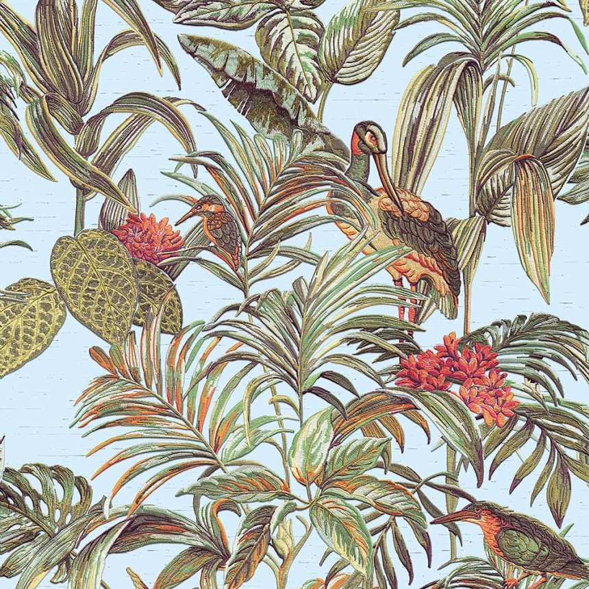 Luxus Vliestapete, blau, Vögel, Blumen, Blätter, DE120014, Best Sellers, Design ID