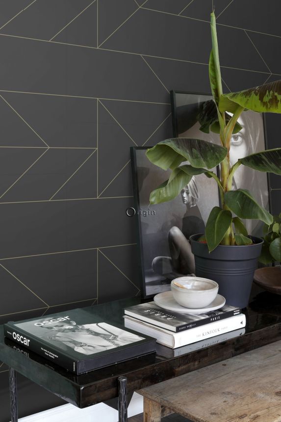 Schwarze geometrische Tapete, goldene Linien 347726, City Chic, Origin 