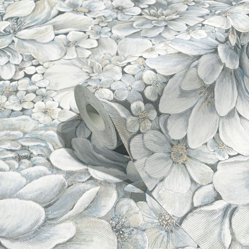 Graublaue Luxustapete mit Blumen 33953, Botanica, Marburg