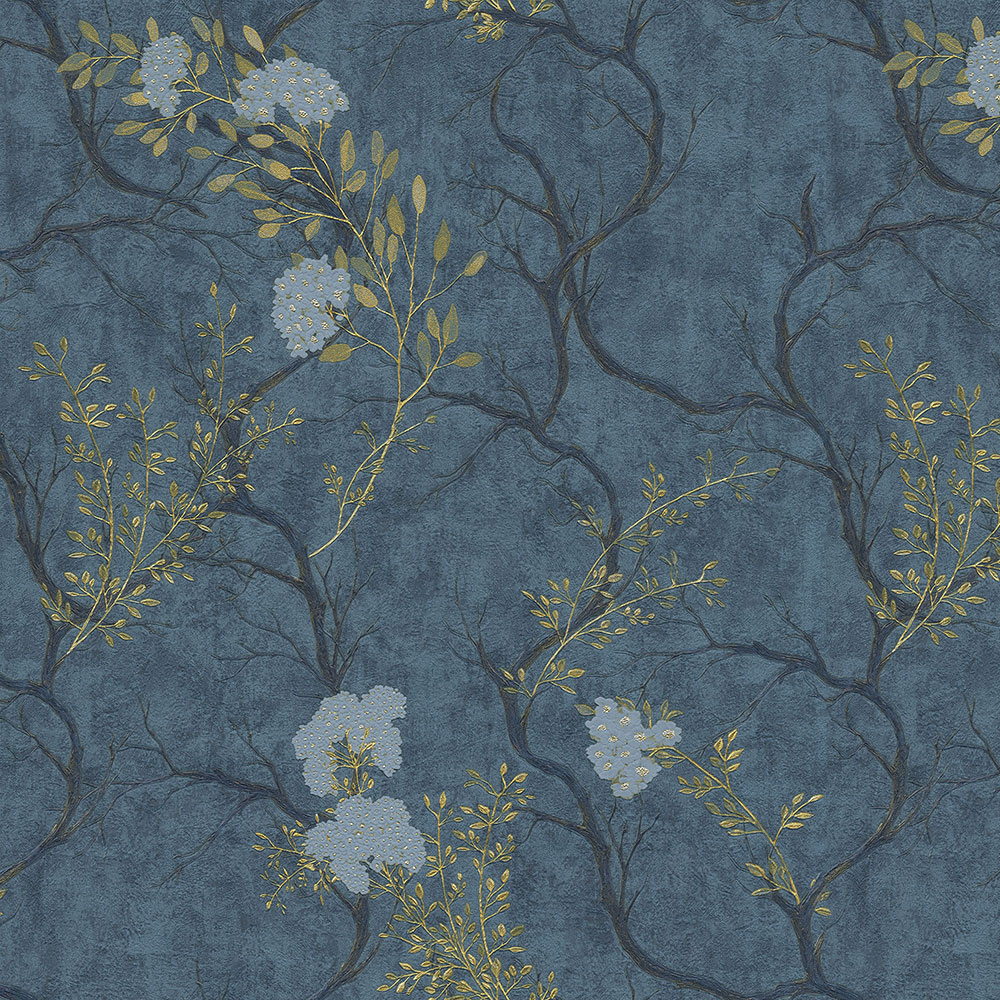 Blaue Luxustapete mit Zweigen und Blüten 72959, Zen, Emiliana Parati 
