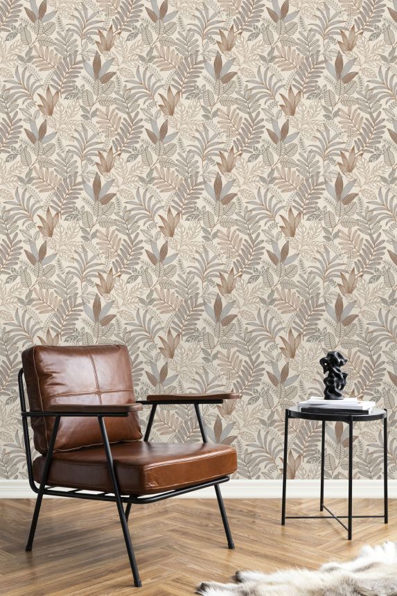Beigeblaue Tapete mit Blättern, AL26291, Allure, Decoprint