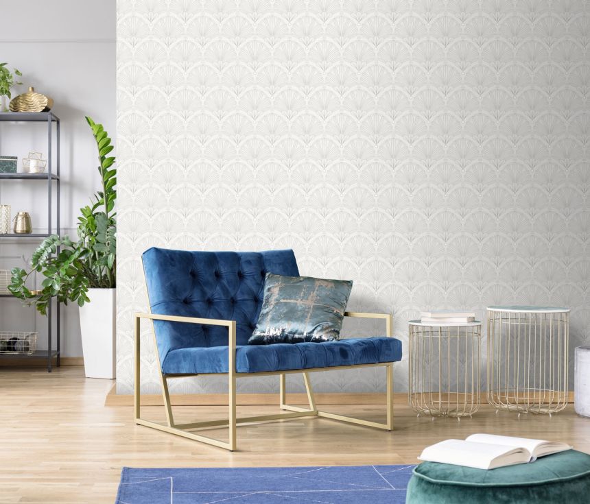 Weiß-silberne Tapete Art Deco, M53300, Elegance, Ugepa
