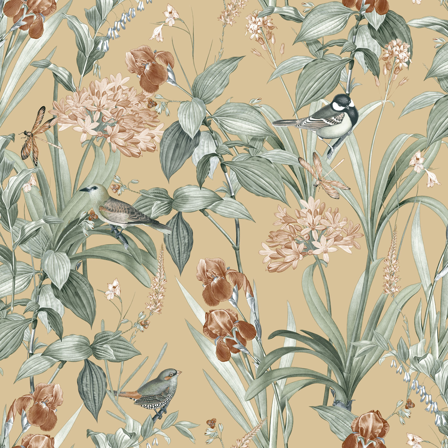 Beige Tapete mit Blumen und Vögeln, M64702, Botanique, Ugepa