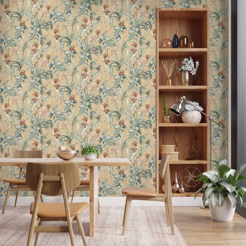 Beige Tapete mit Blumen und Vögeln, M64702, Botanique, Ugepa