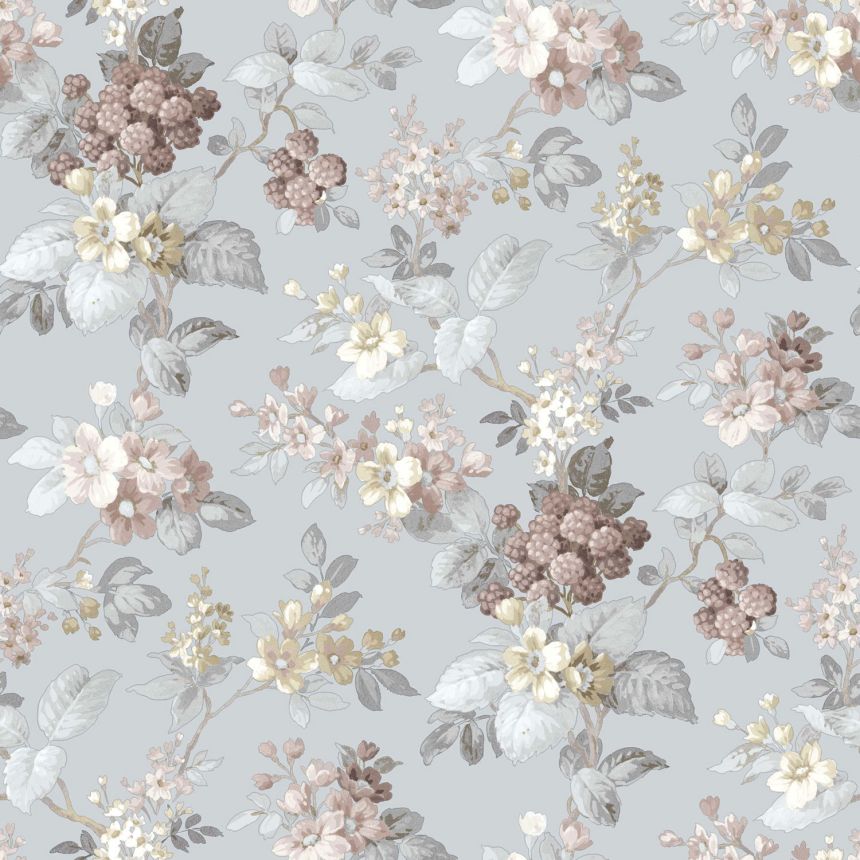 Hellblaue Vliestapete mit Blumenmuster, 12306, Fiori Country, Parato