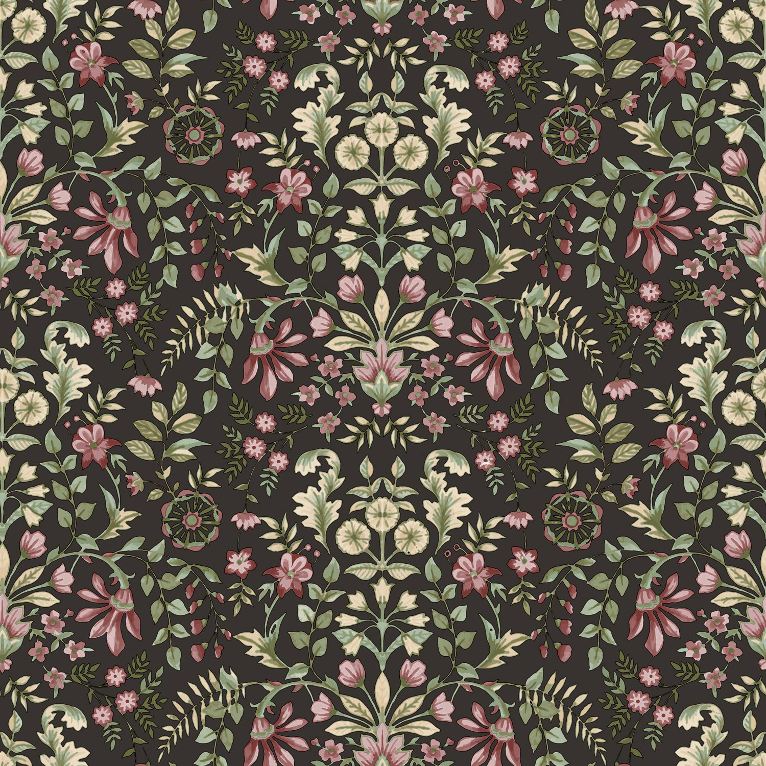 Schwarze Tapete mit floralem Ornamentmuster, 12329, Fiori Country, Parato