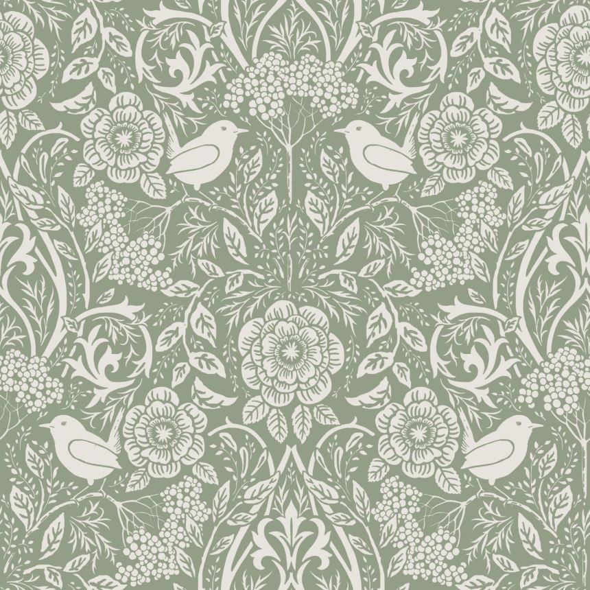 Grüne Tapete mit Pflanzen und Vögeln, 139293, Vintage Flowers, Esta Home