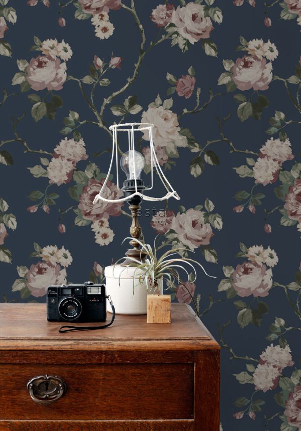 Blaue florale Vliestapete, 139409, Vintage Flowers, Esta Home