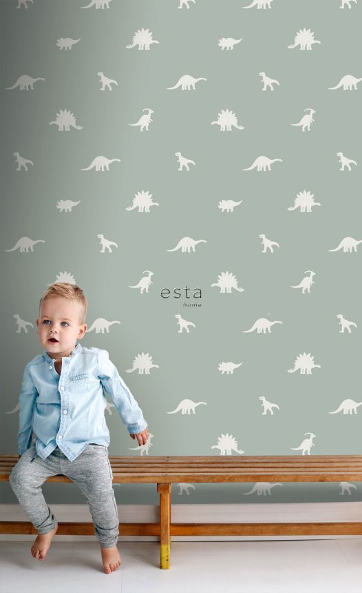 Grüne Kindertapete mit Dinosauriern 139284, To the Moon and Back, Esta Home