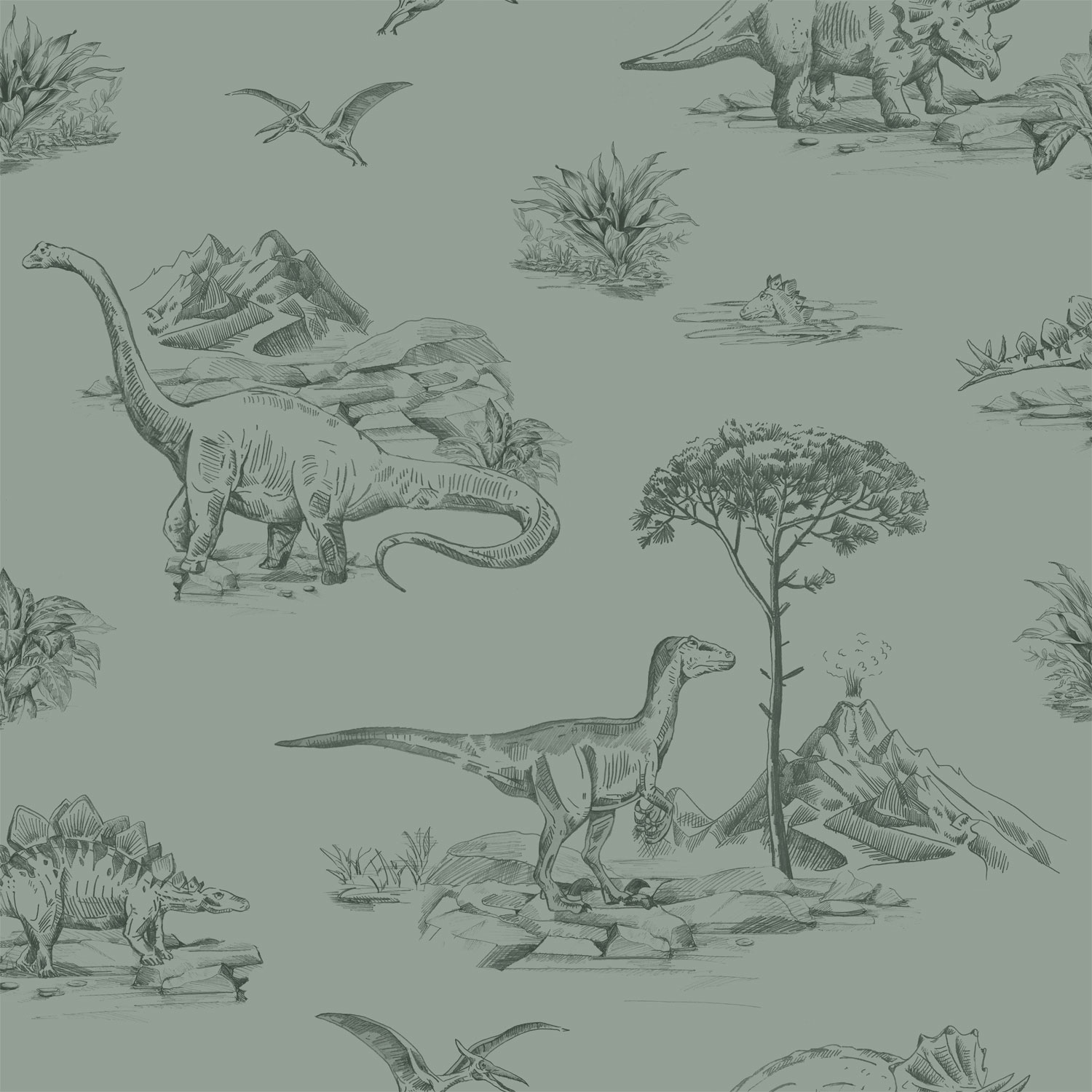 Grüne Kindertapete mit Dinosauriern 139358, To the Moon and Back, Esta Home