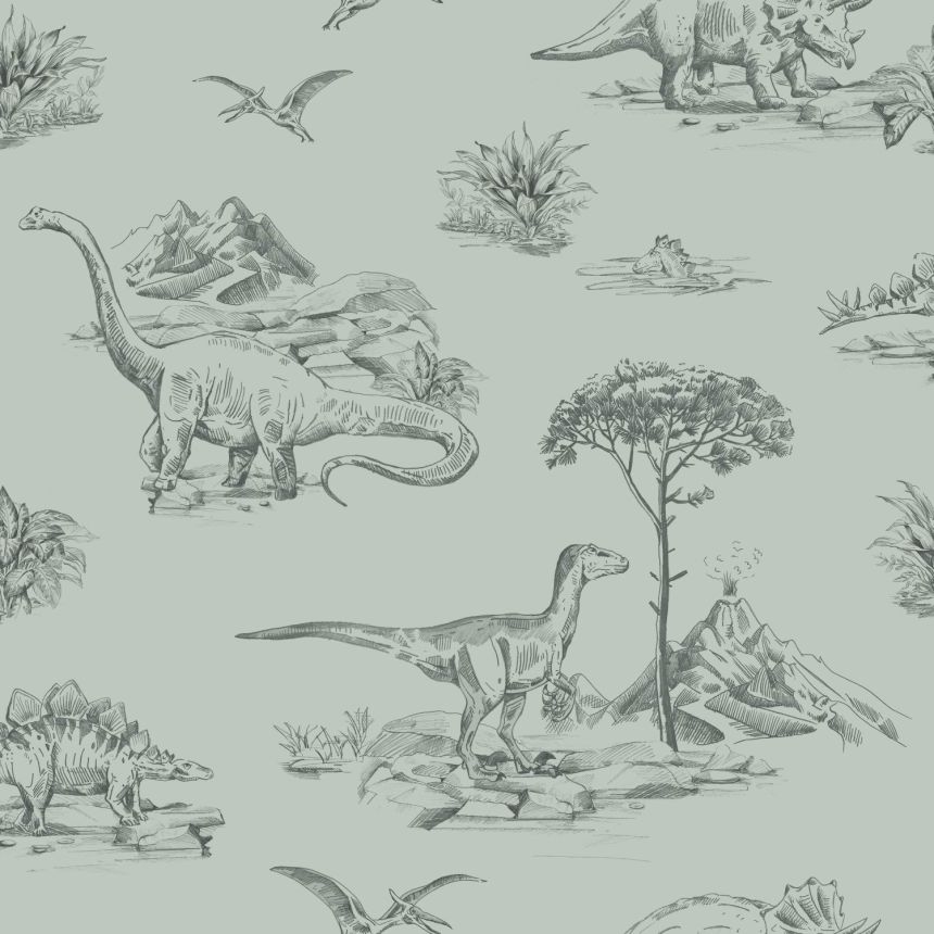 Grüne Kindertapete mit Dinosauriern 139556, To the Moon and Back, Esta Home