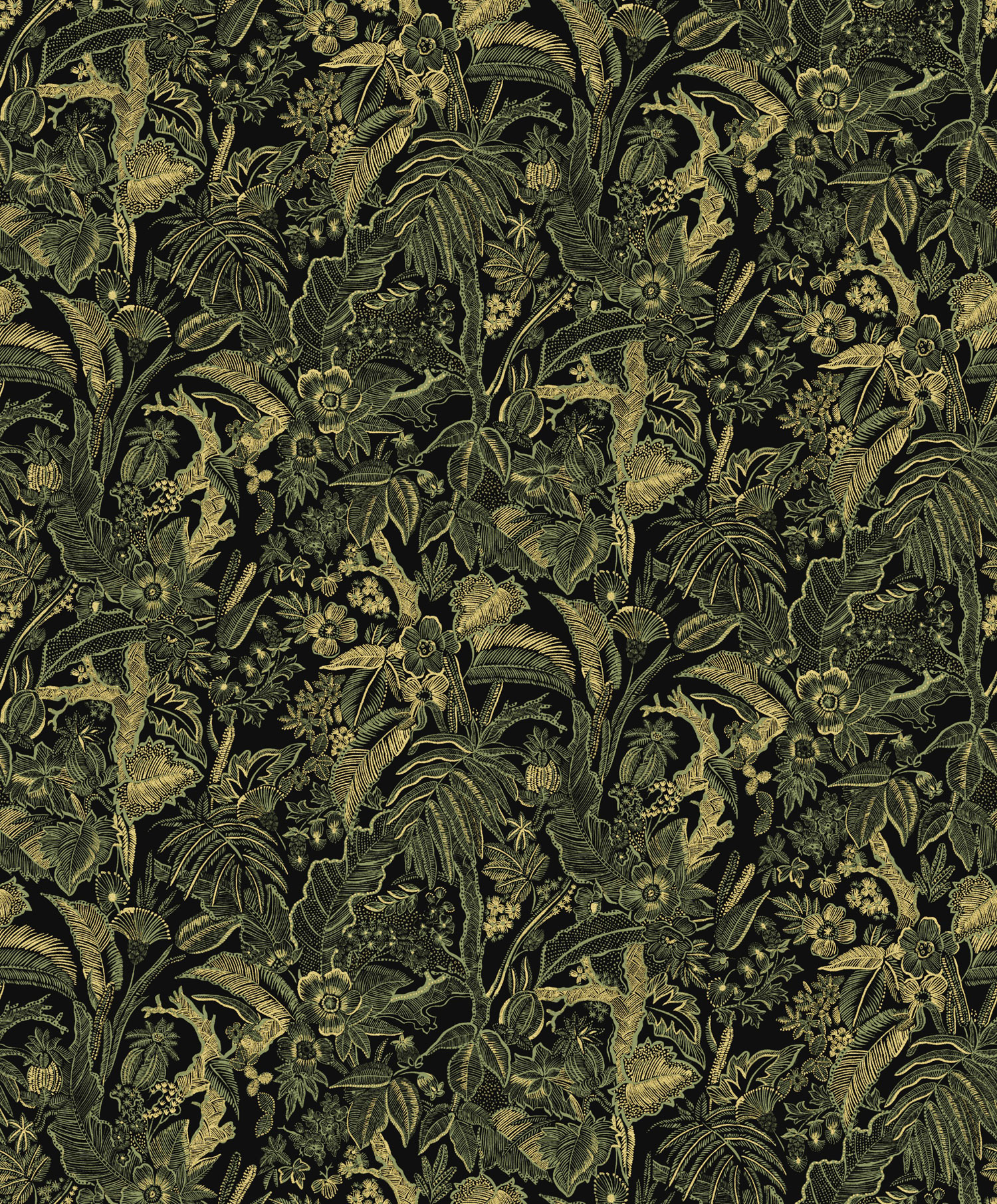 Schwarz-grün-goldene Tapete mit Blumen und Blättern, SUM505, Summer, Khroma by Masureel