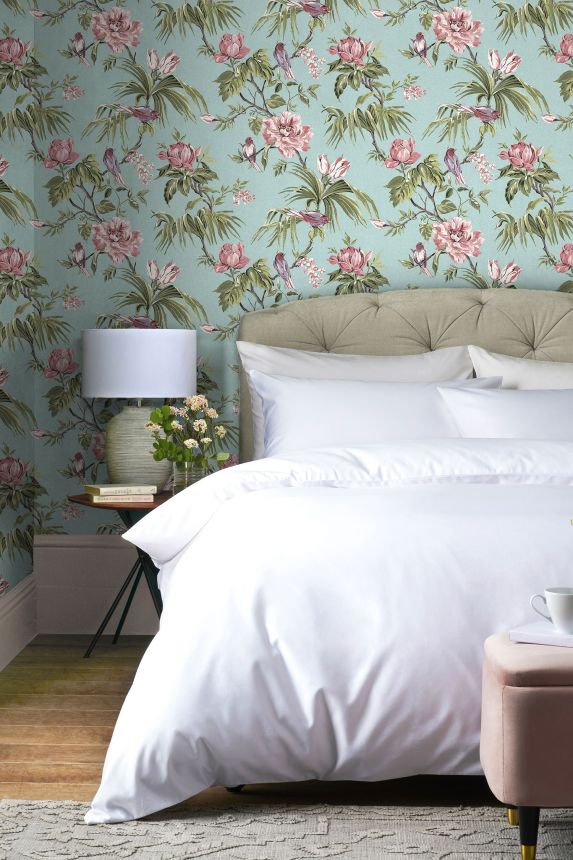 Romantische türkisfarbene Tapete mit Blumen und Vögeln, 118254, Next