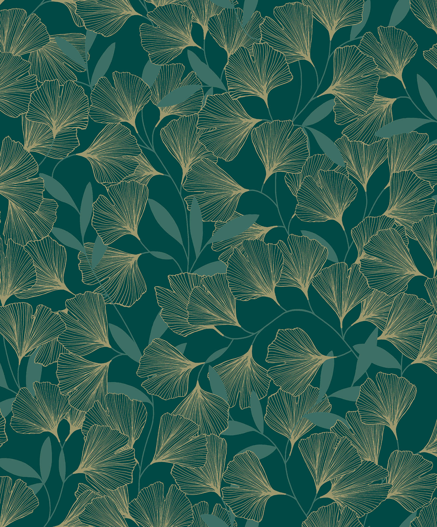 Grüngoldene Tapete, Ginkgoblätter, A64403, Vavex 2025