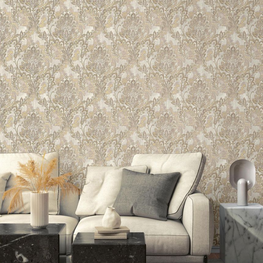 Gold-silberne Vliestapete mit Barockmotiv 78402, Makalle II, Limonta