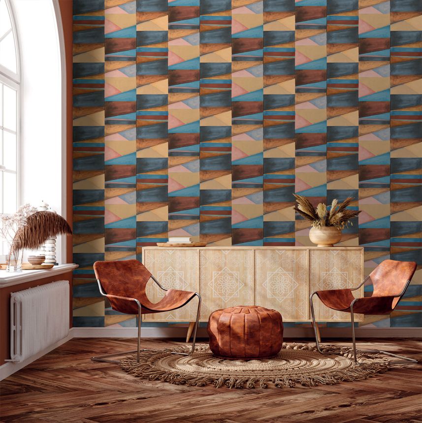 Geometrische Vliestapete, blau, braun, SO27030, Soleado, Decoprint