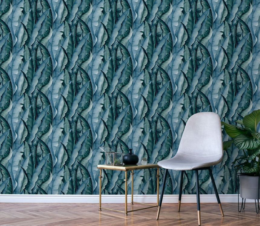 Vliestapete, blau-grün, Blätter, NHW1040, Perla, Decoprint