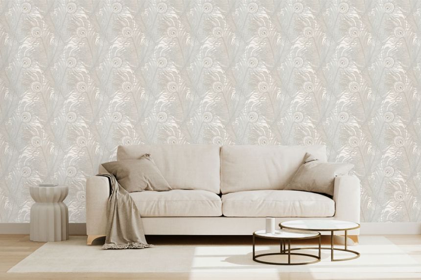 Vliestapete, creme, Pfauenfedern, NHW1044, Perla, Decoprint