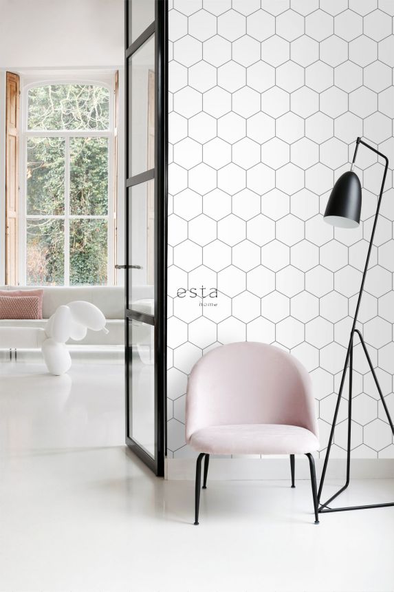 Geometrische Vliestapete, weiß-schwarz, 139311, Bloom, Esta Home