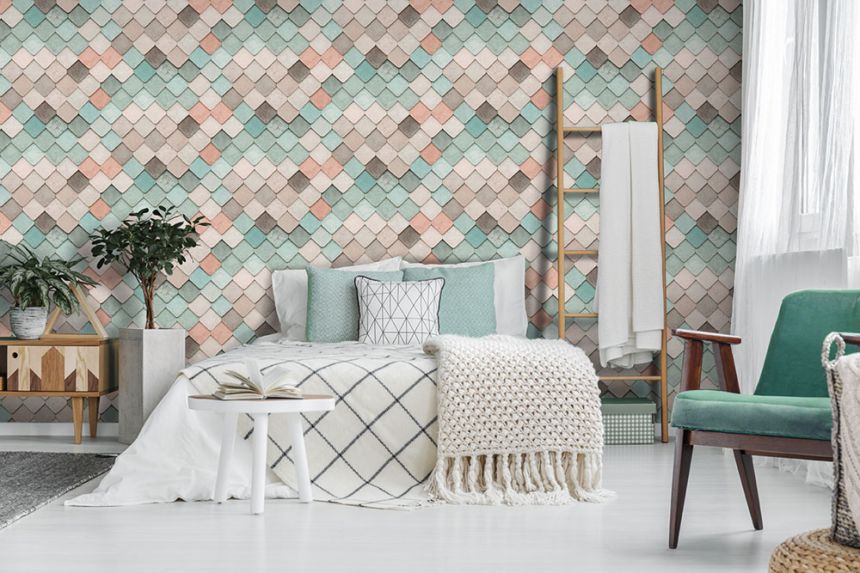 3D Vliestapete, beige-türkis, Fliesen, M76004, Artifice, Ugépa