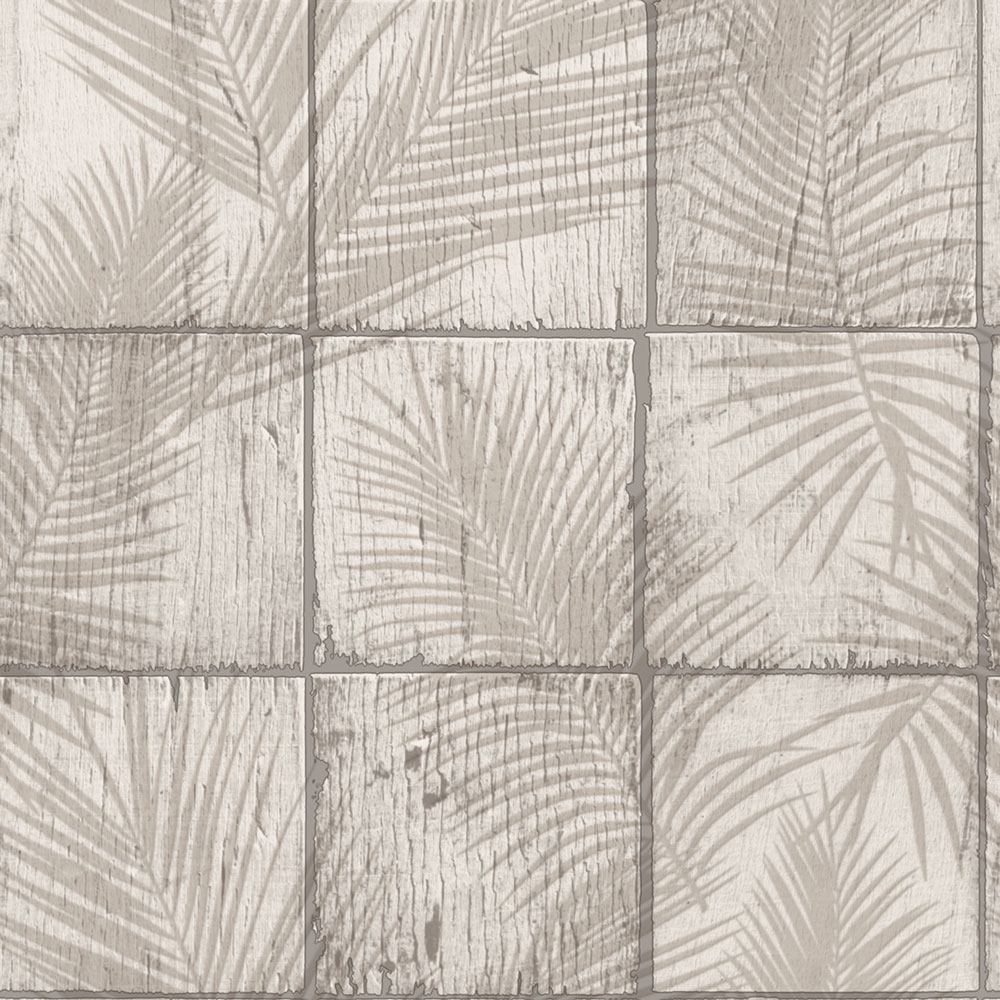 Tapete in graubeiger Holzpaneel-Optik mit Blättermotiv, M68907, Nomade, Ugépa
