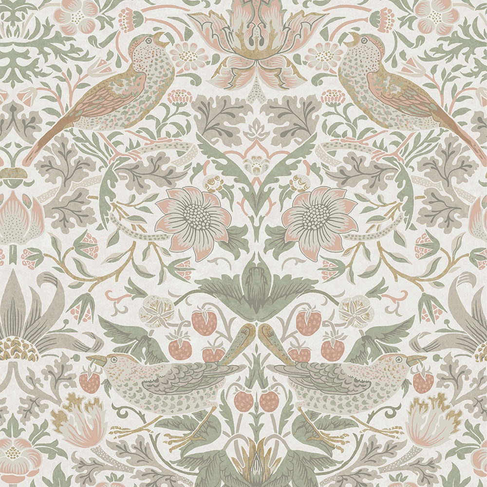 Vliestapete, grün-rosa, Blumen, Vögel, 124233, William Morris At Home