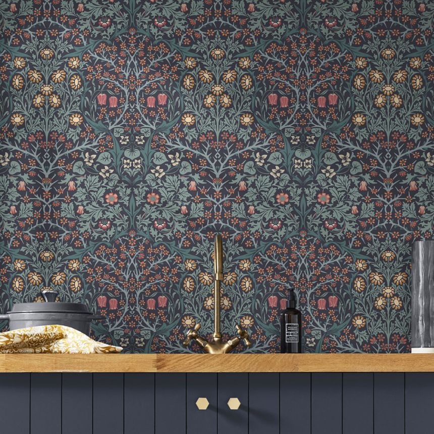 Vliestapete, blau, Blumen, Blätter, 124251, William Morris At Home