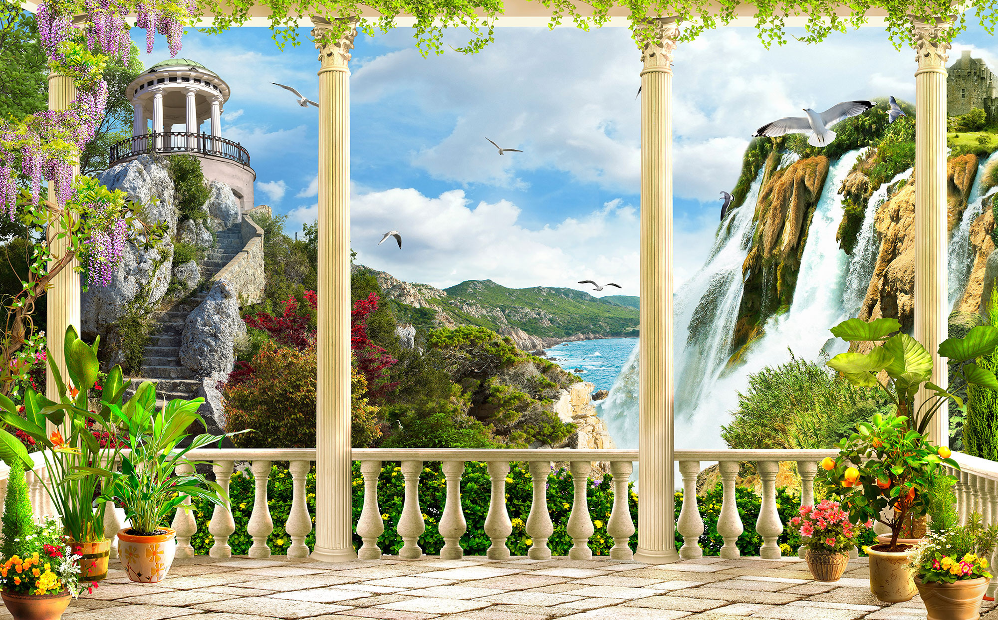 Vlies-Fototapete nach Maß, Terrasse, Landschaftsblick, Meer, 10102, Vavex