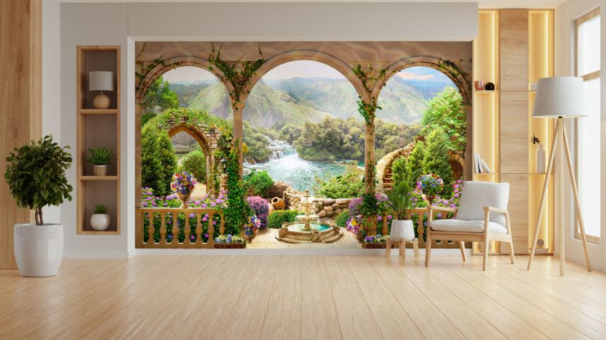 Vlies-Fototapete nach Maß, Mediterrane Terrasse, Brunnen, Wasserfall, 10111, Vavex