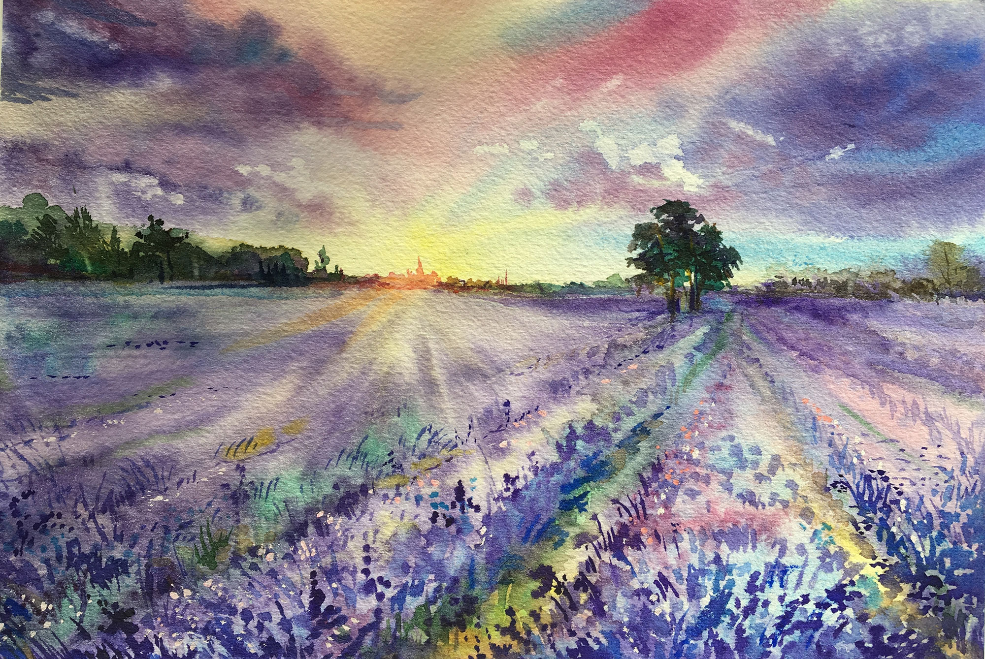 Vlies-Fototapete nach Maß, Aquarell Lavendelfeld, 10167, Vavex