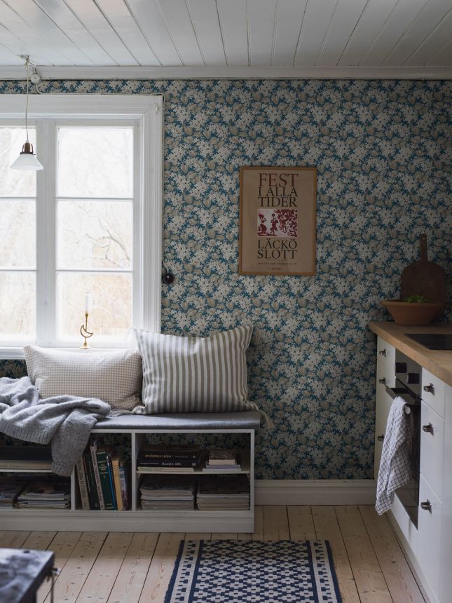 Tapete, blau, Blumen, Blätter, 4162, Alla Tiders Hus, Borastapeter