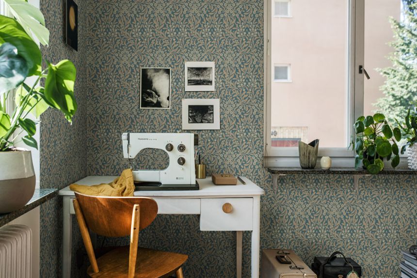 Tapete, blau, Blumen, Blätter, 4187, Alla Tiders Hus, Borastapeter