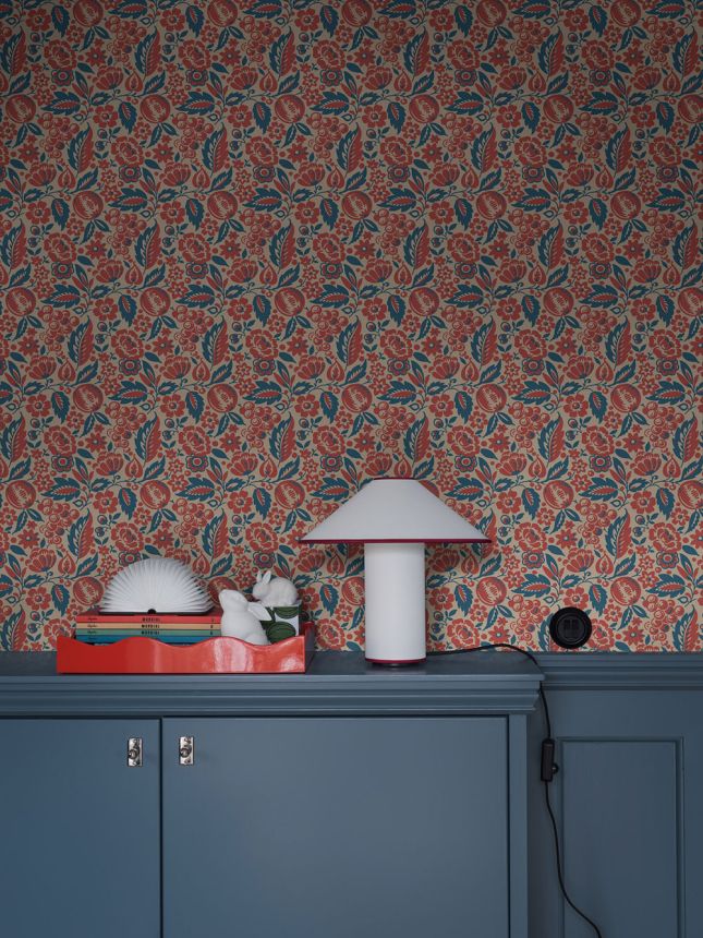 Tapete, blau-rot, Blumen, 4816, New Heritage, Boråstapeter