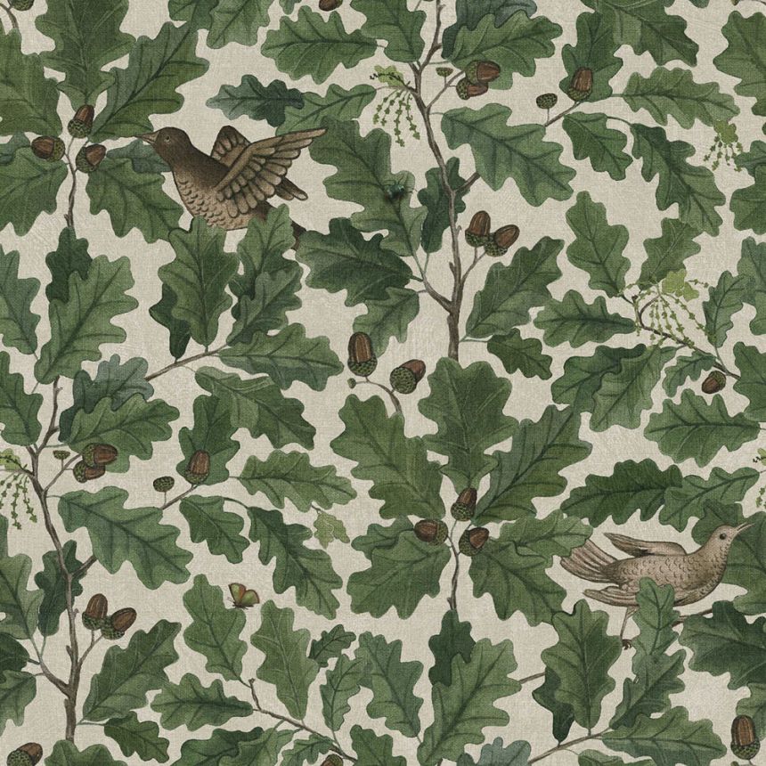 Grün-beige Tapete, Zweige, Blätter, Tiere, 2049, Icons, Borastapeter