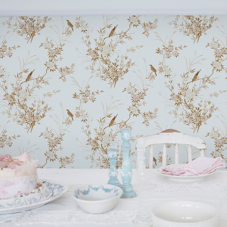 Tapete, blau, Blumen, Vögel, 125121, Shabby Chic by Rachel Ashwell