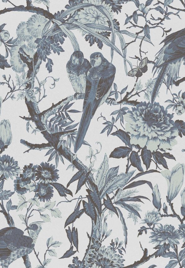 Tapete, blau-silber, Vögel, Blumen, Zweige, 127909, Arboretum, Graham Brown Premium