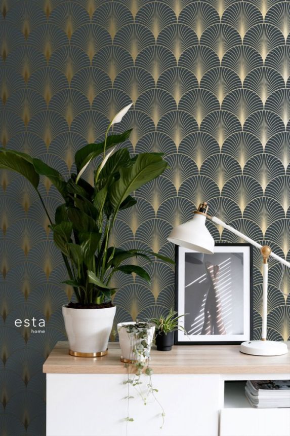 Dunkelblaue geometrische Vliestapete 139231, Art Deco, Esta