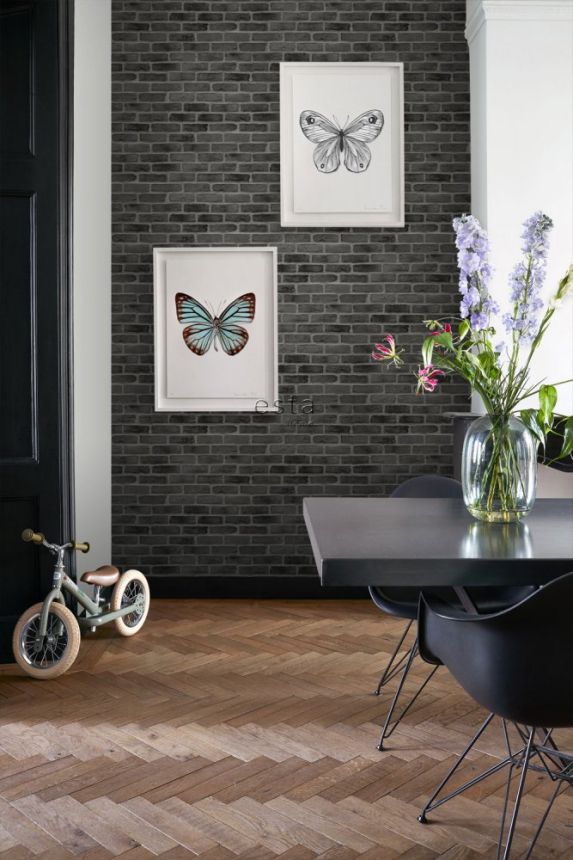 Schwarze Vliestapete für die Wand Ziegel, Ziegelmauer 139138, Black & White, Esta