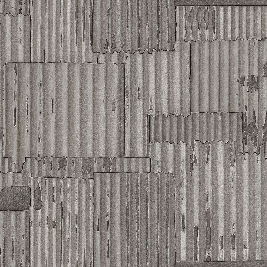 Grau-Silber Vliestapete, Wellblech-Design 347618, Matières - Metal, Origin