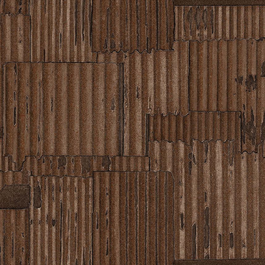 Braune Metallic Vliestapete, Wellblech-Design 347616, Matières - Metal, Origin