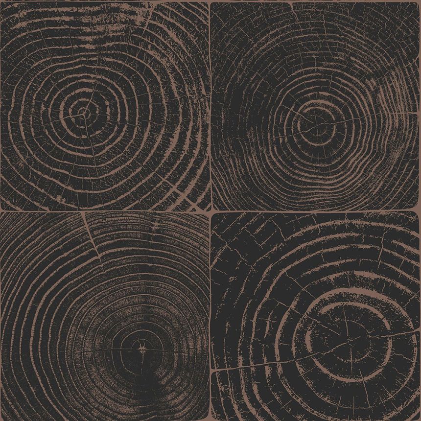 Tapete in schwarzbrauner Holzoptik mit Jahresringen, 347550, Matières - Wood, Origin