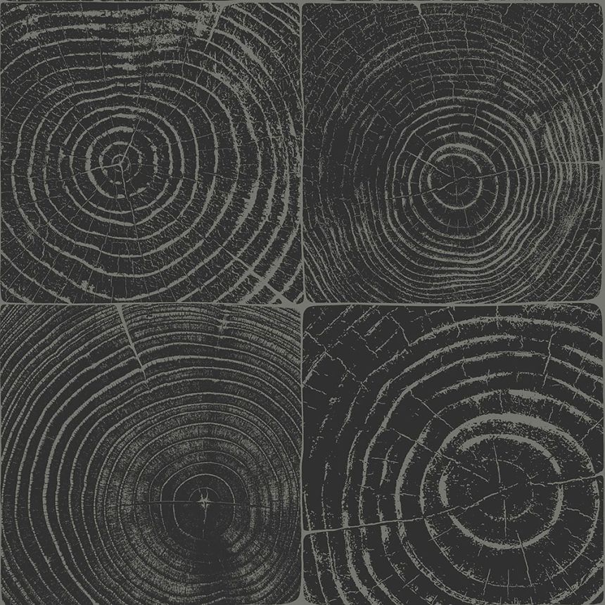 Tapete in schwarz-silberner Holzoptik mit Jahresringen, 347544, Matières - Wood, Origin