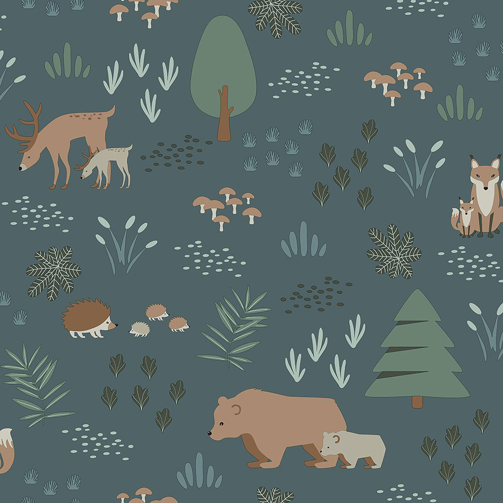 Blaue Vliestapete für Kinder Tiere im Wald 139248, Forest Friends, Esta