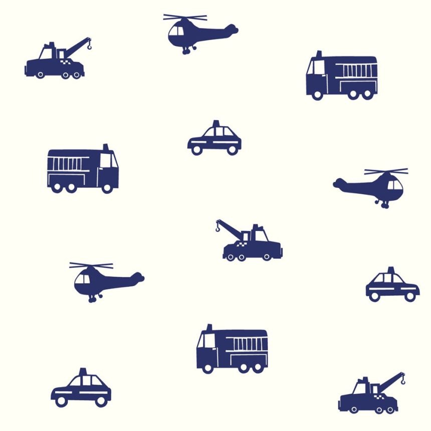 Weiß-blaue Vliestapete für Jungen Autos, Helikopter 137321, Little Bandits, Esta