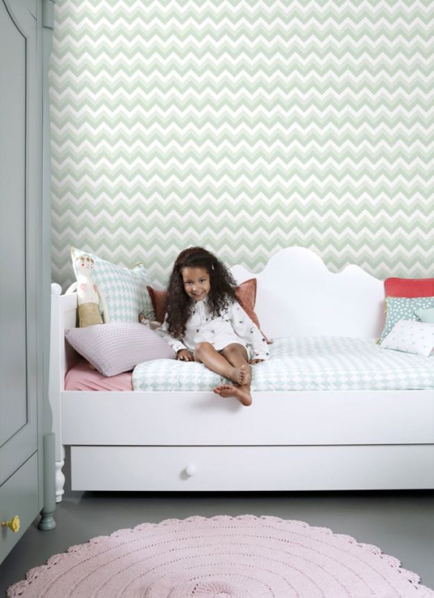 Weiß-grüne Vliestapete für die Wand, geometrisches Zick-Zack-Muster 128858, Little Bandits, Esta