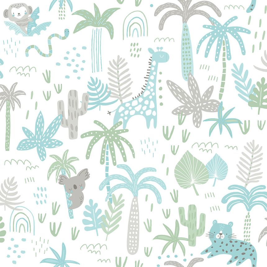 Papier, Kindertapete mit Tieren, Palmen und Blättern 454-1, Pippo, ICH Wallcoverings