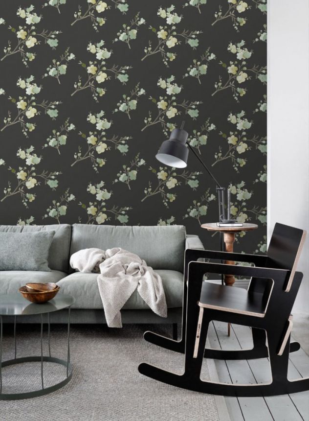 Schwarze Tapete mit blühenden Zweigen, Vliestapete 148719, Blush, Esta Home