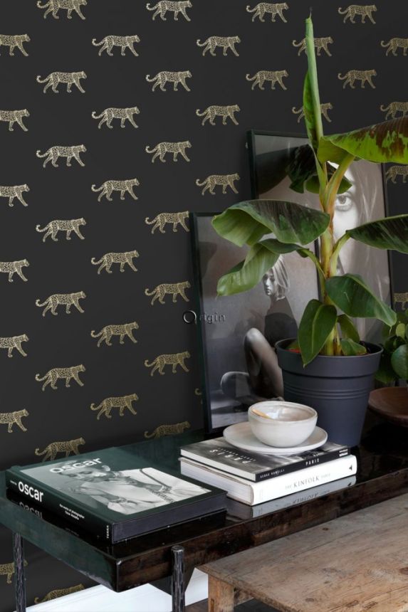 Schwarze Tapete mit goldenen Leoparden, Vliestapete 347686, City Chic, Precious, Origin