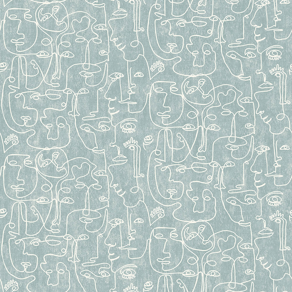 Grafische türkisfarbene Tapete - Gesichter, Vliestapete M41204, Arty, Ugépa