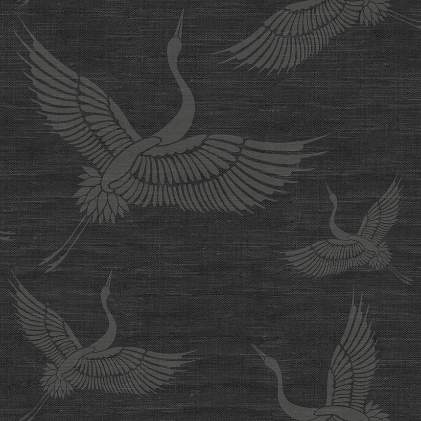 Graue und schwarze Tapete - Vögel, Kraniche - Stoff Textur, Vliestapete 347760, Natural Fabrics, Origin